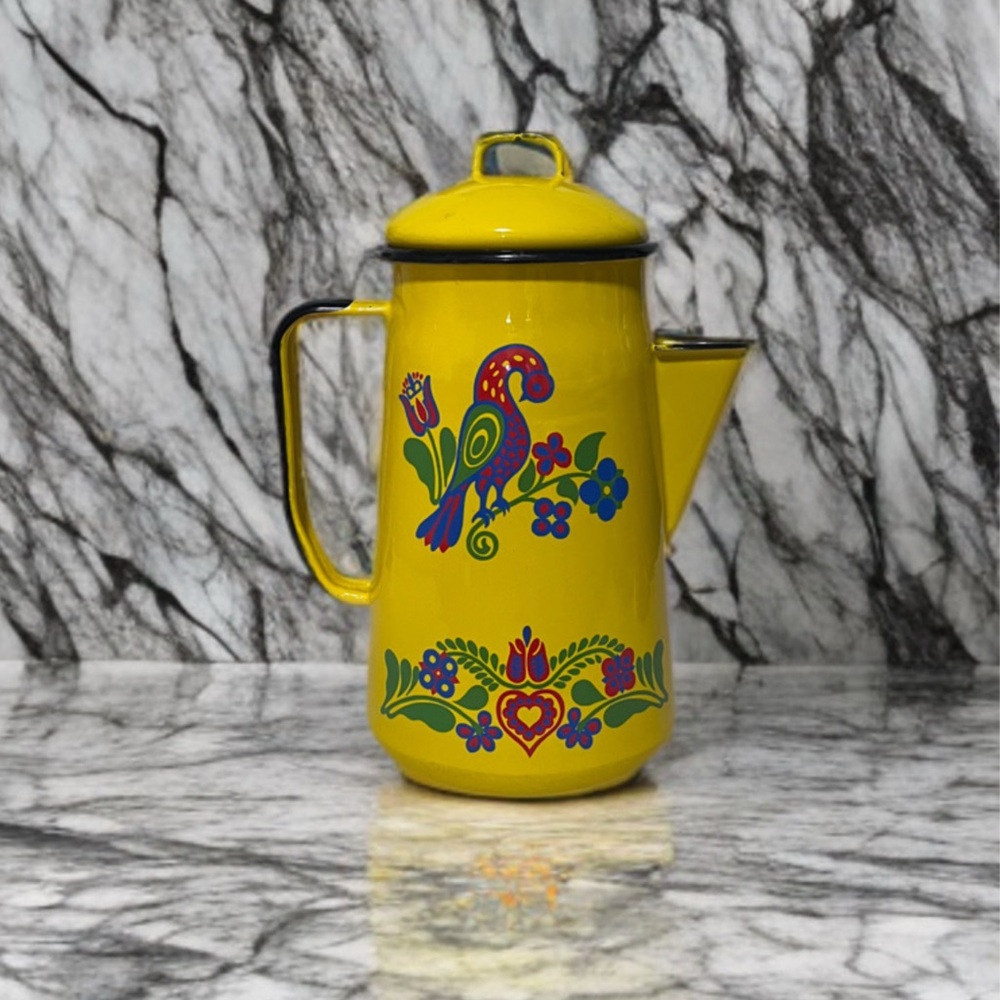 Vintage Yellow Floral Enamel Coffee Pot